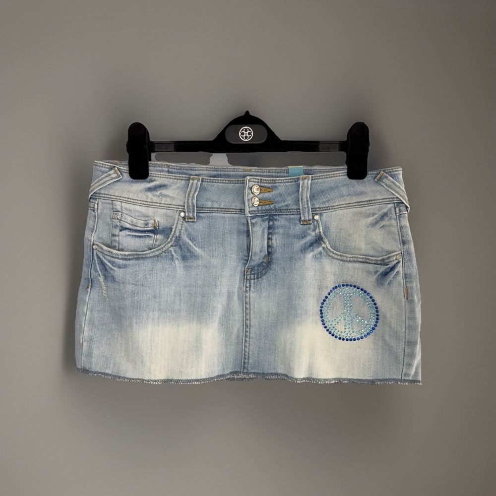 Y2K Eyeshadow Jean Mini Skirt Size 9 Distressed Low Rise Rhinestone Peace Sign